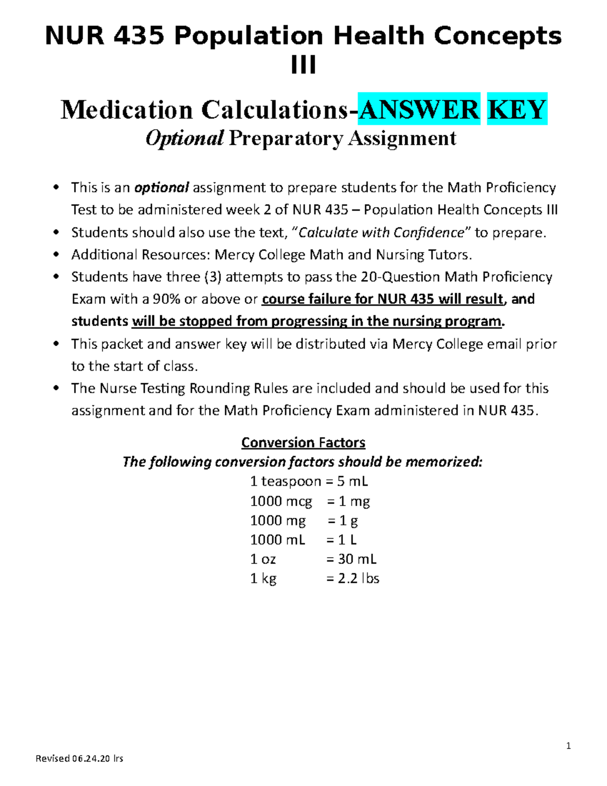 Nur 435 Med Calc Prep Pkt Key Studocu