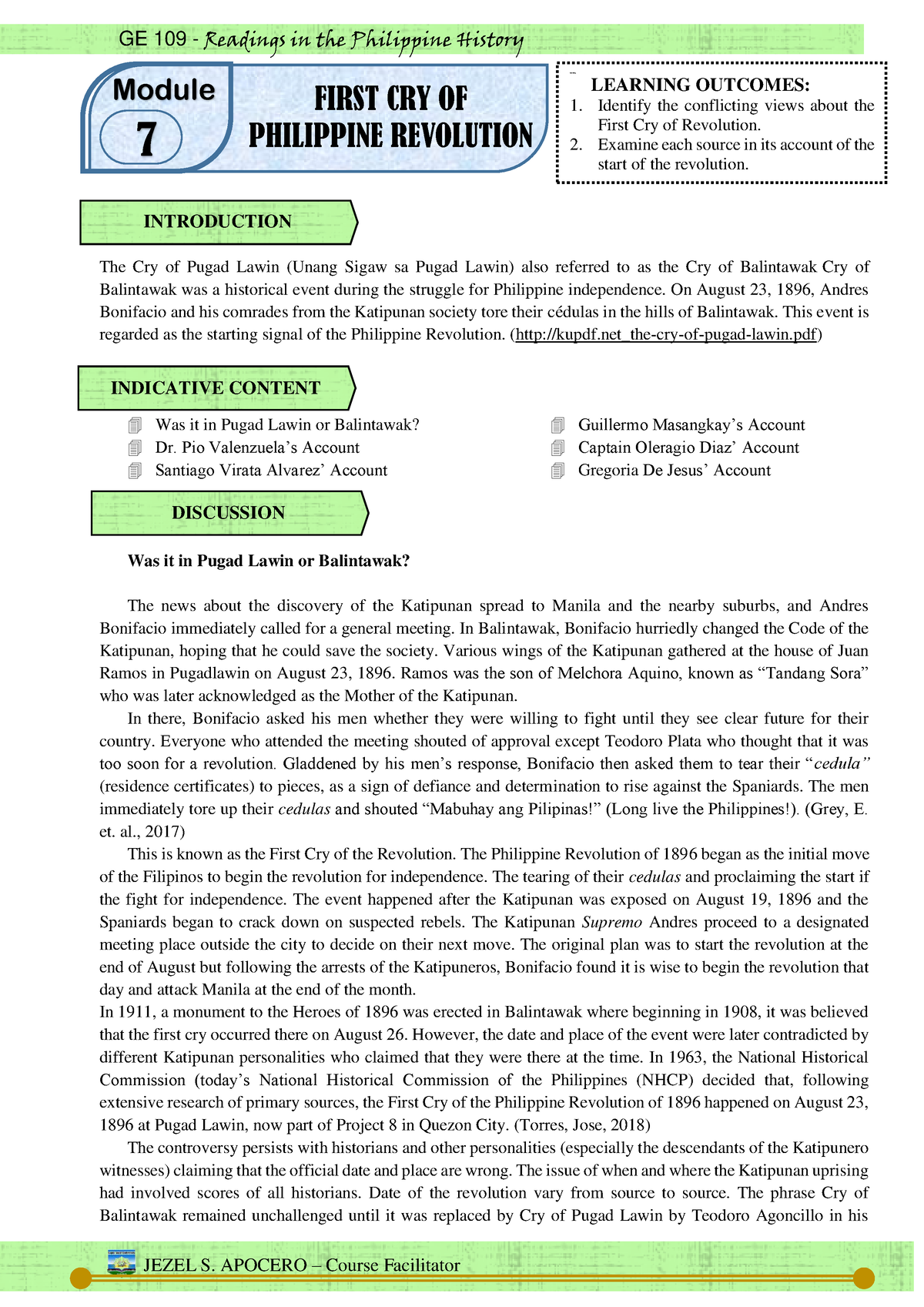 GE 109 Module 7 9 Edited 2023 1 - The Cry Of Pugad Lawin (Unang Sigaw ...