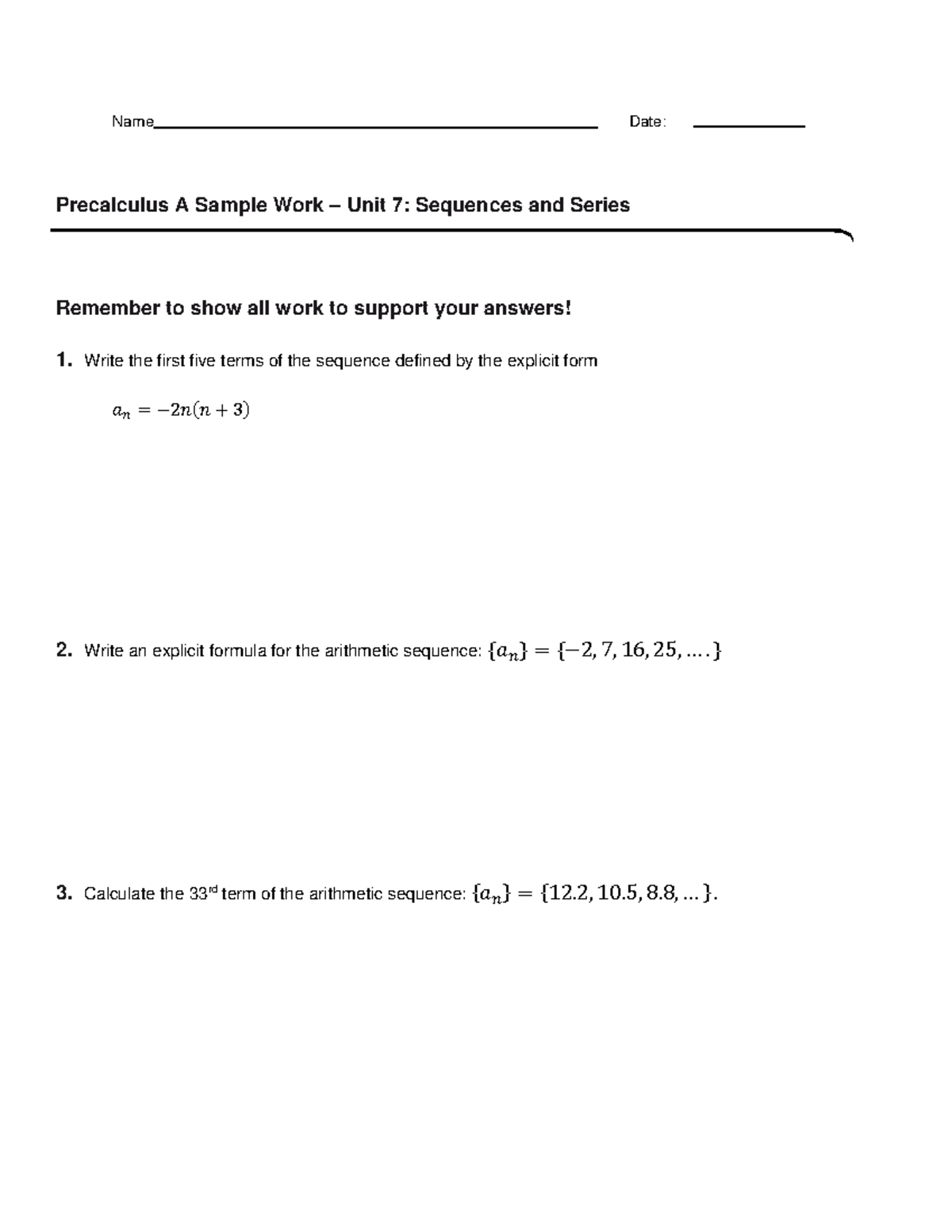 Precalculus A - Unit 7 Sample Work - Name Date: Precalculus A Sample ...