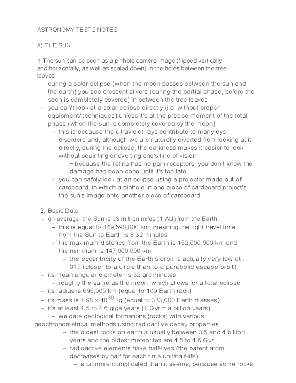 Astro Test 2 Notes - ASTRONOMY TEST 2 NOTES A) THE SUN The Sun Can Be ...