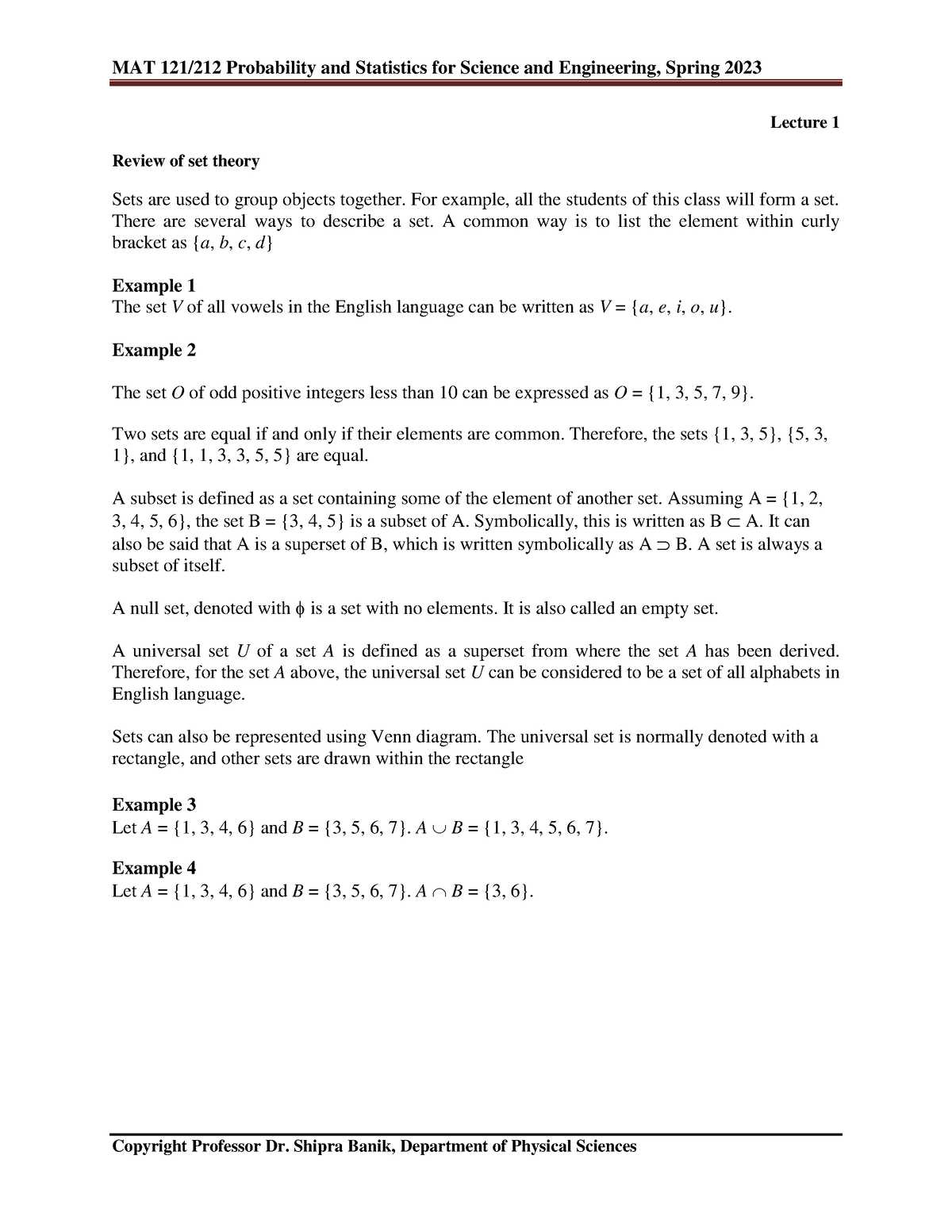 Lecture 1-2 - N/A - Lecture 1 Review Of Set Theory Sets Are Used To ...