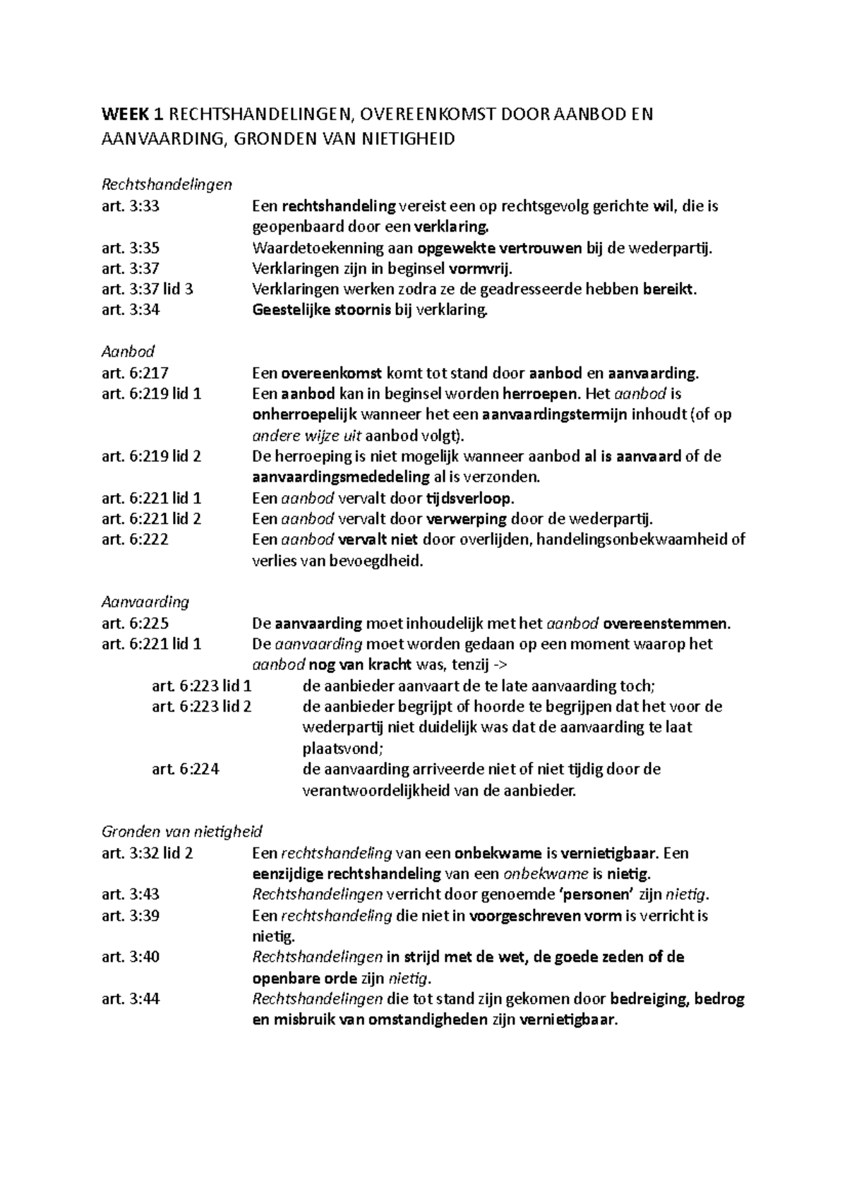 Wetsartikelen Burgerlijk Recht - WEEK 1 RECHTSHANDELINGEN, OVEREENKOMST ...