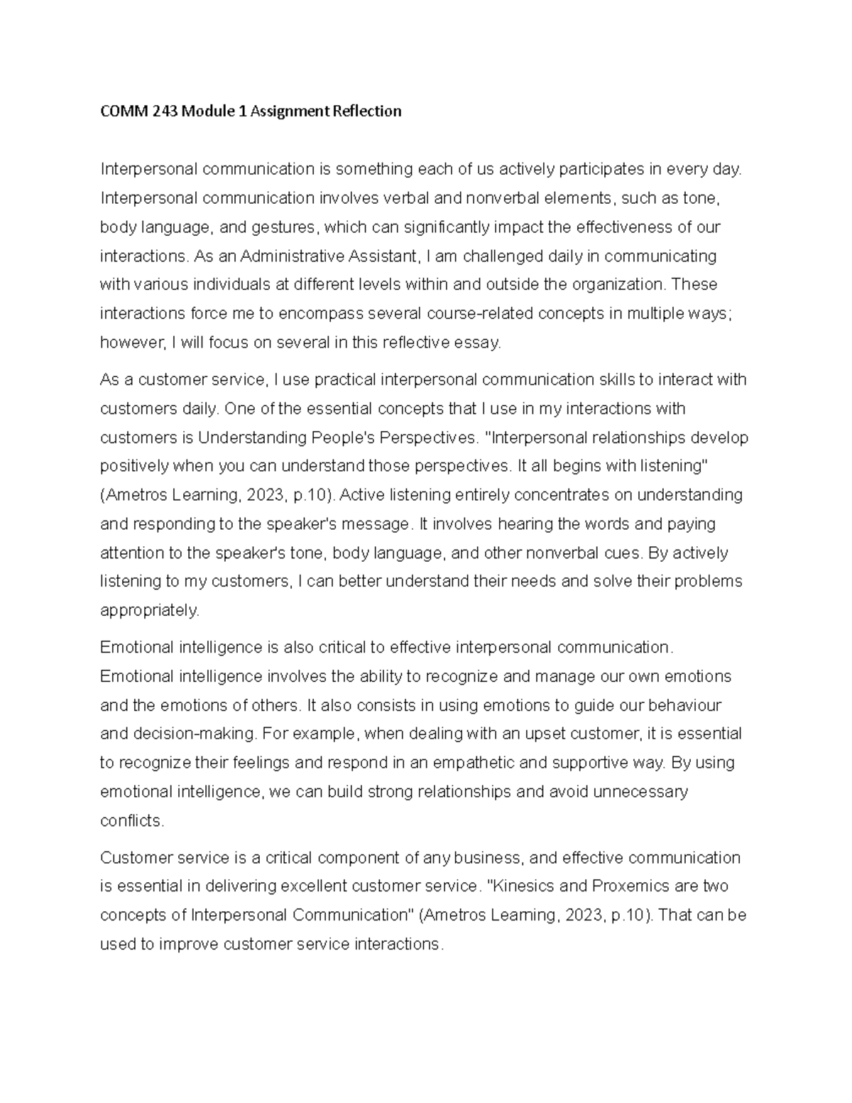 Comm essay - COMM 243 Module 1 Assignment Reflection Interpersonal ...
