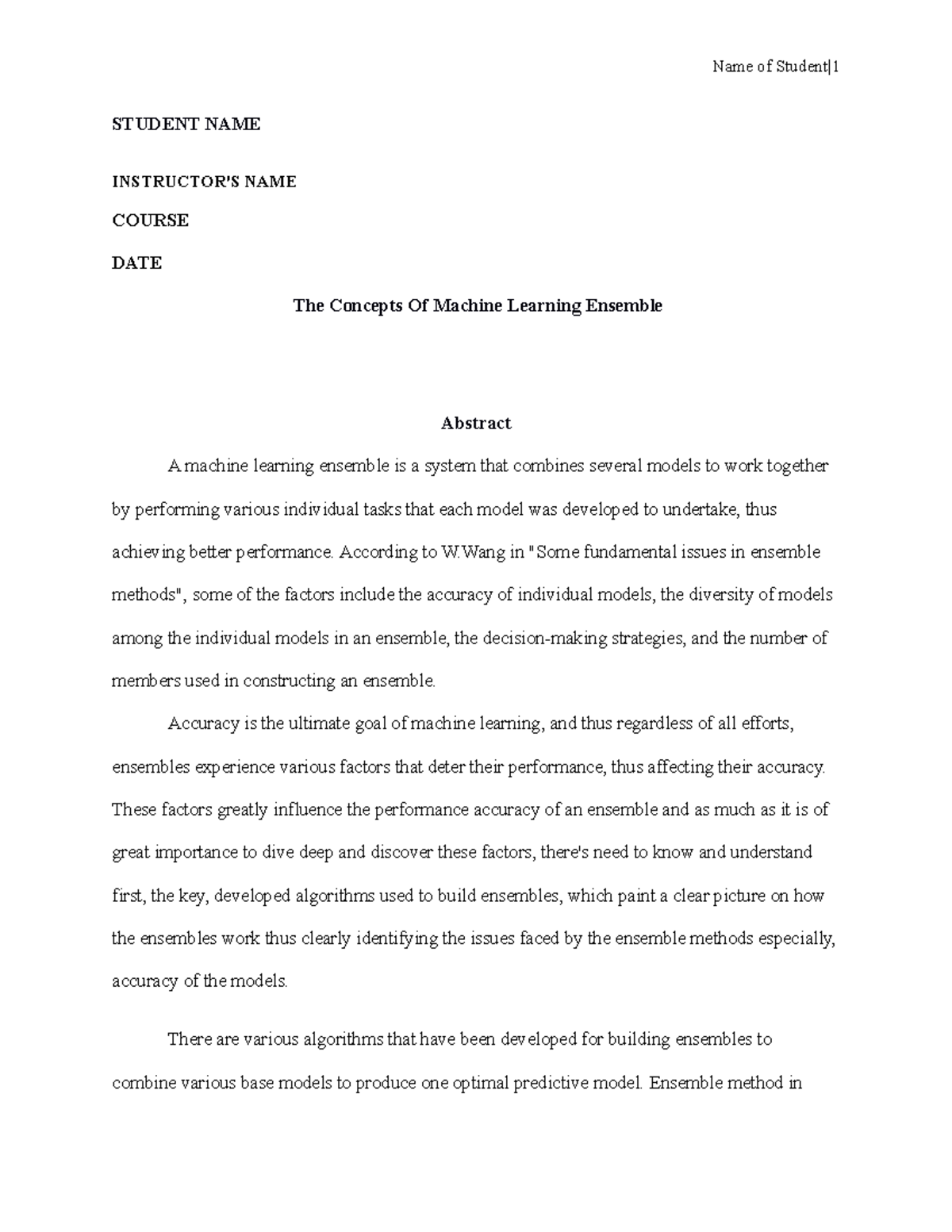 Report ON THE Concepts OF Machine Learning Ensemble 1 - STUDENT NAME ...