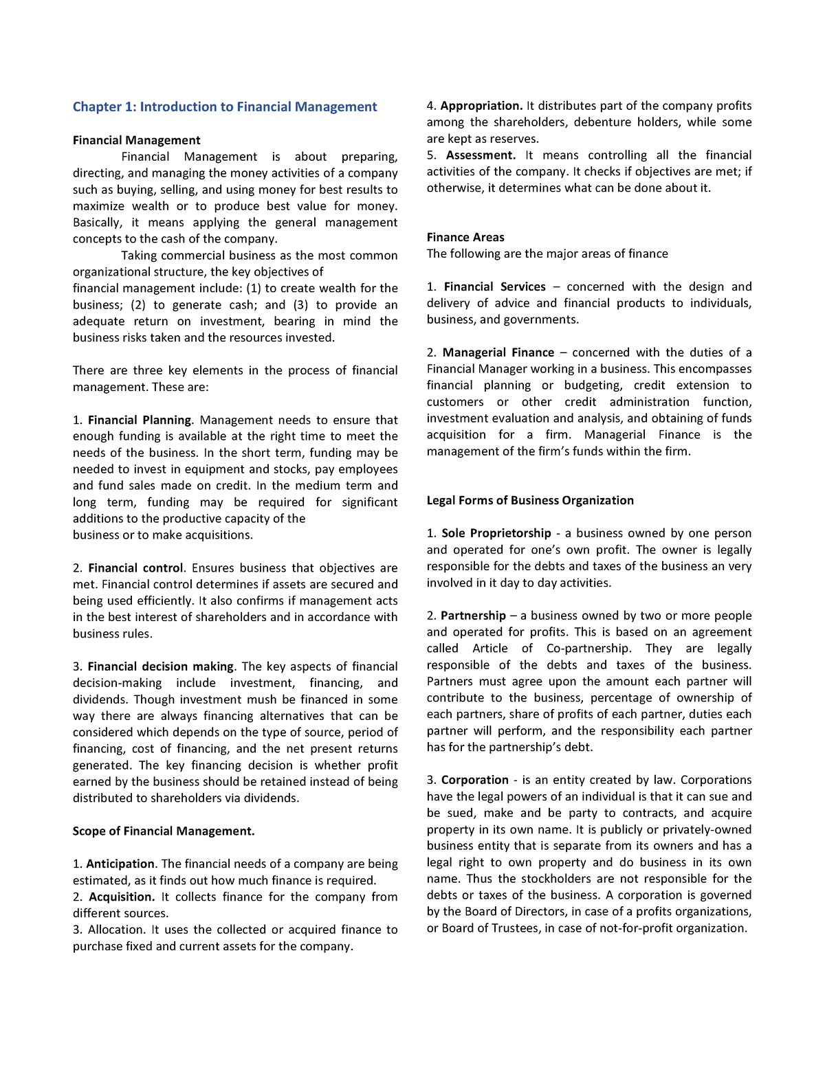 Finman Reviewer - Financial Management - Chapter 1: Introduction To ...