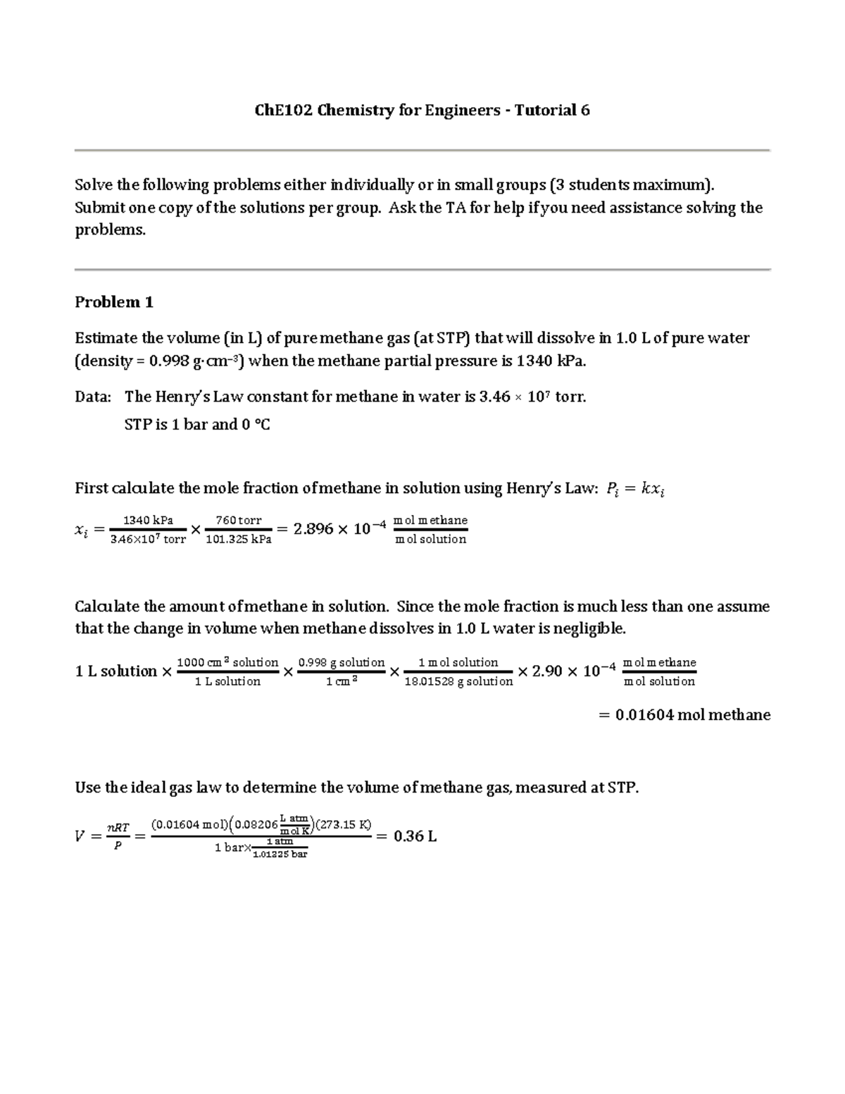 Ch E102 Tutorial 6 Solutions Che102 Chemistry For Engineers Tutorial Solve The Following Problems Either Individually Or In Small Groups Students Maximum Studocu