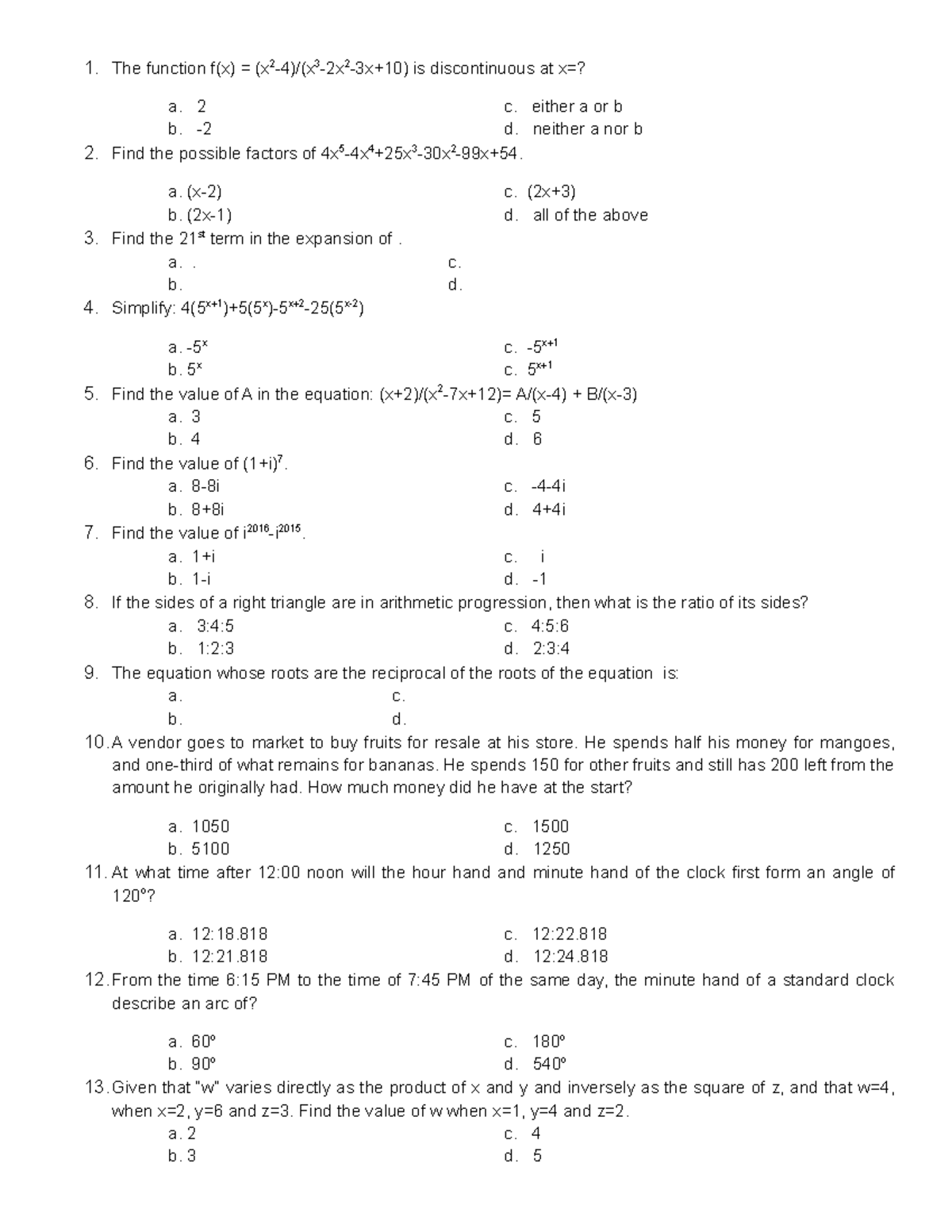 Handouts - solve probs - 1. The function f(x) = (x 2 -4)/(x 3 -2x 2 -3x ...