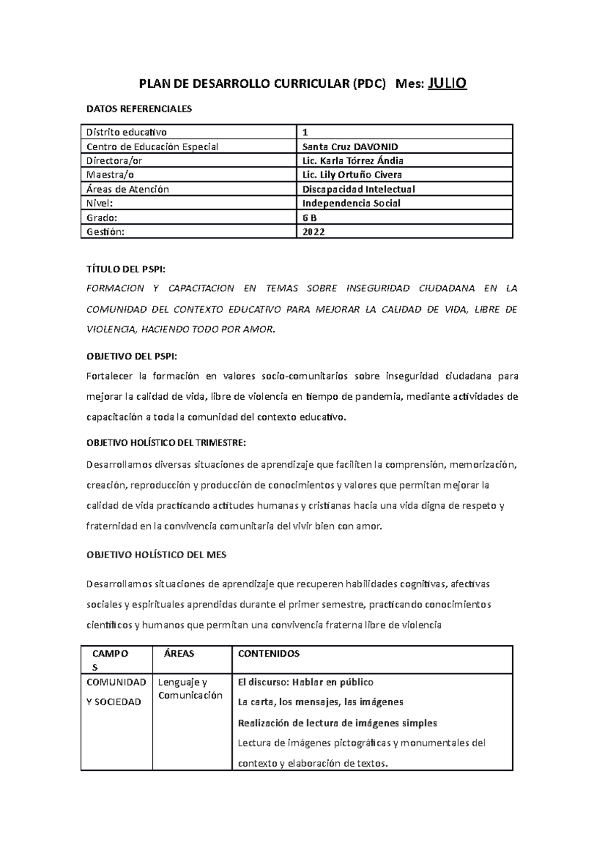 PDC Julio 6B IS Prof. Lily O - PLAN DE DESARROLLO CURRICULAR (PDC) Mes ...