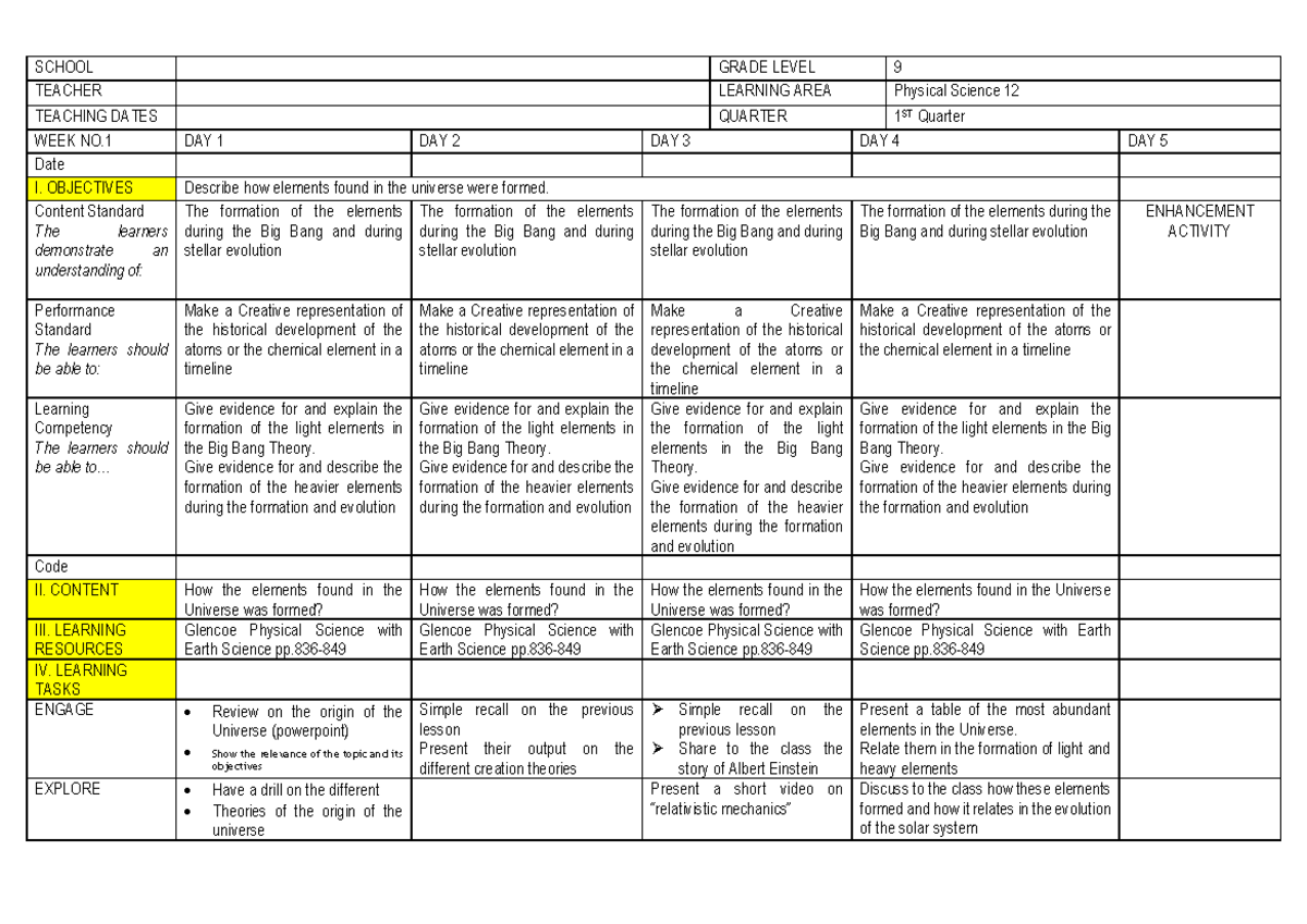 Week-1-physical science - SCHOOL GRADE LEVEL 9 TEACHER LEARNING AREA ...