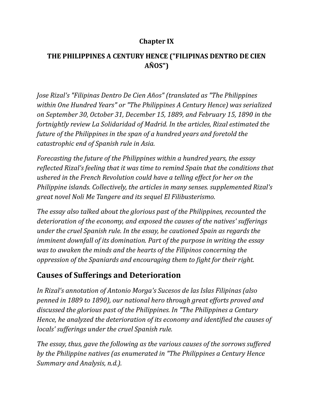 Chapter IX Rizals life - Chapter IX THE PHILIPPINES A CENTURY HENCE ...