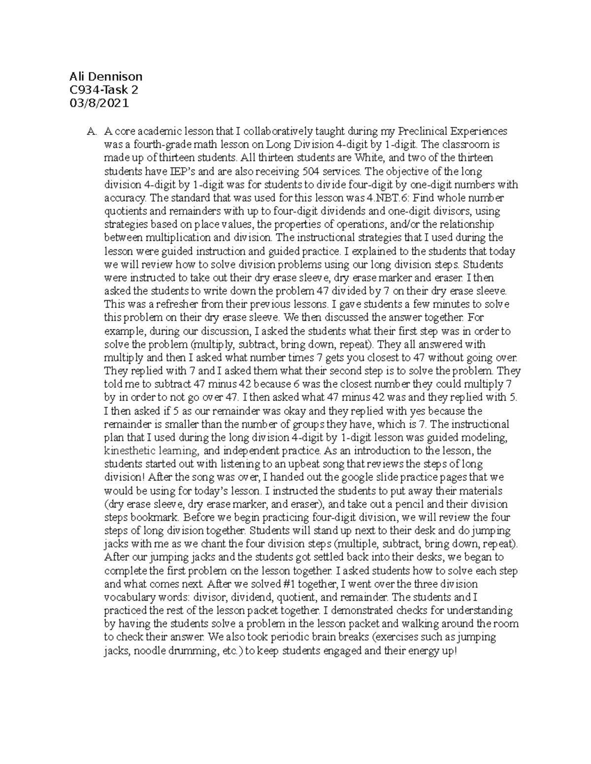 PCE task 2 Hope this helps! Ali Dennison C934Task 2 03/8/ A. A