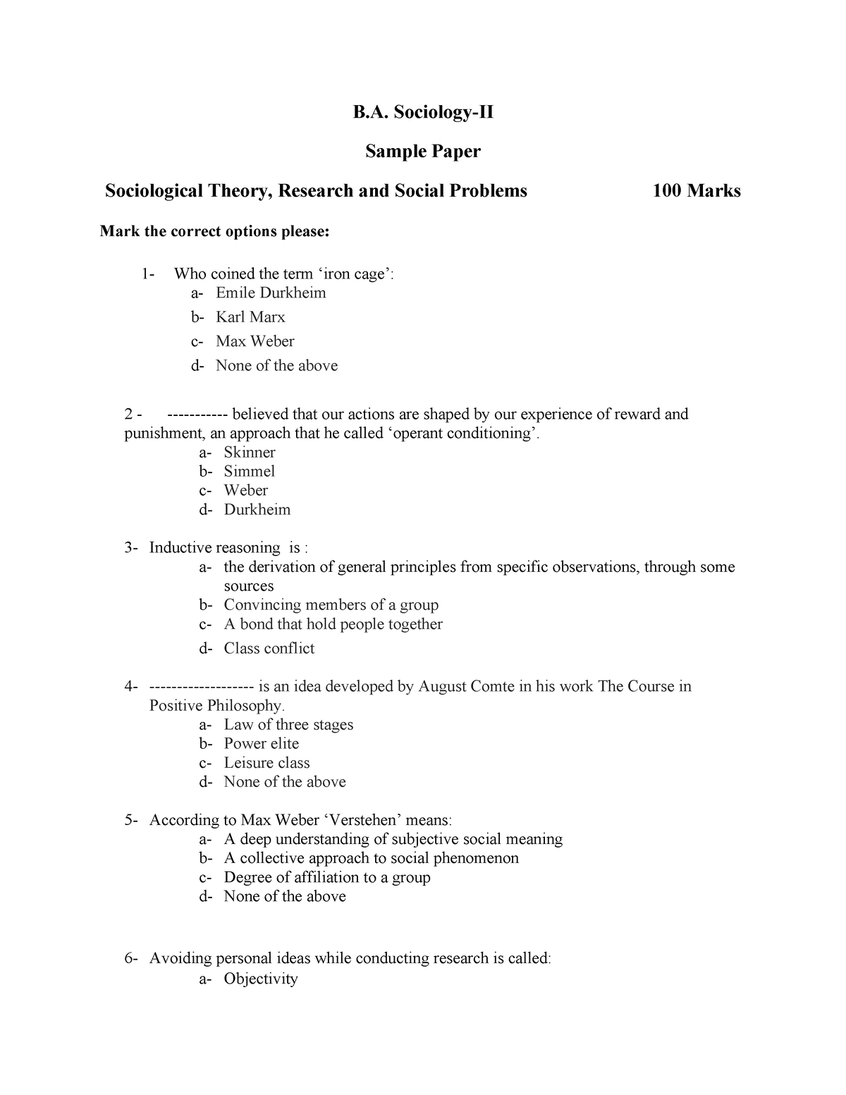 Sociology-II - Sociology - B. Sociology-II Sample Paper Sociological ...