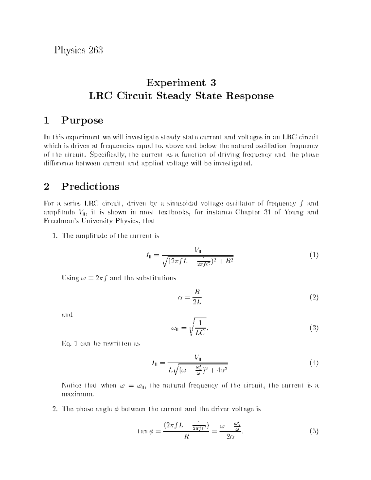 Experiment 3 LRC Circuit steady state response - Physi s 263 Experiment ...