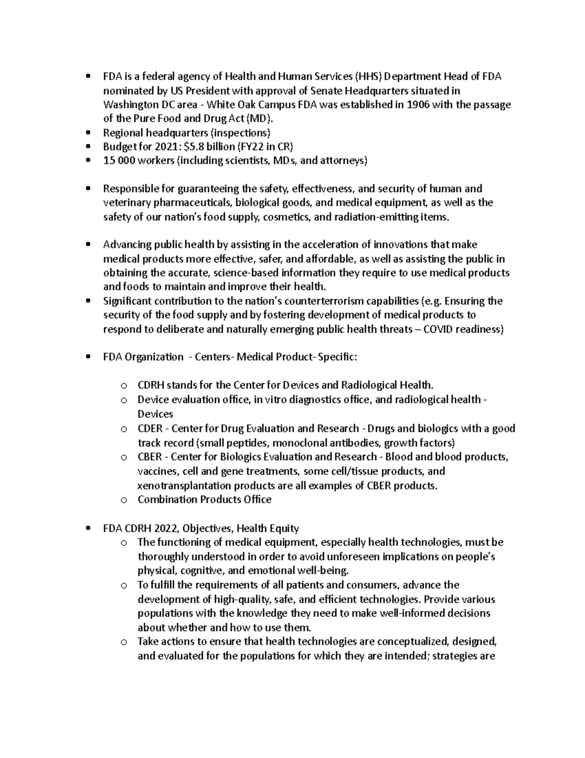 FDA summary - Notes from Dr Wilson's class on product development ...