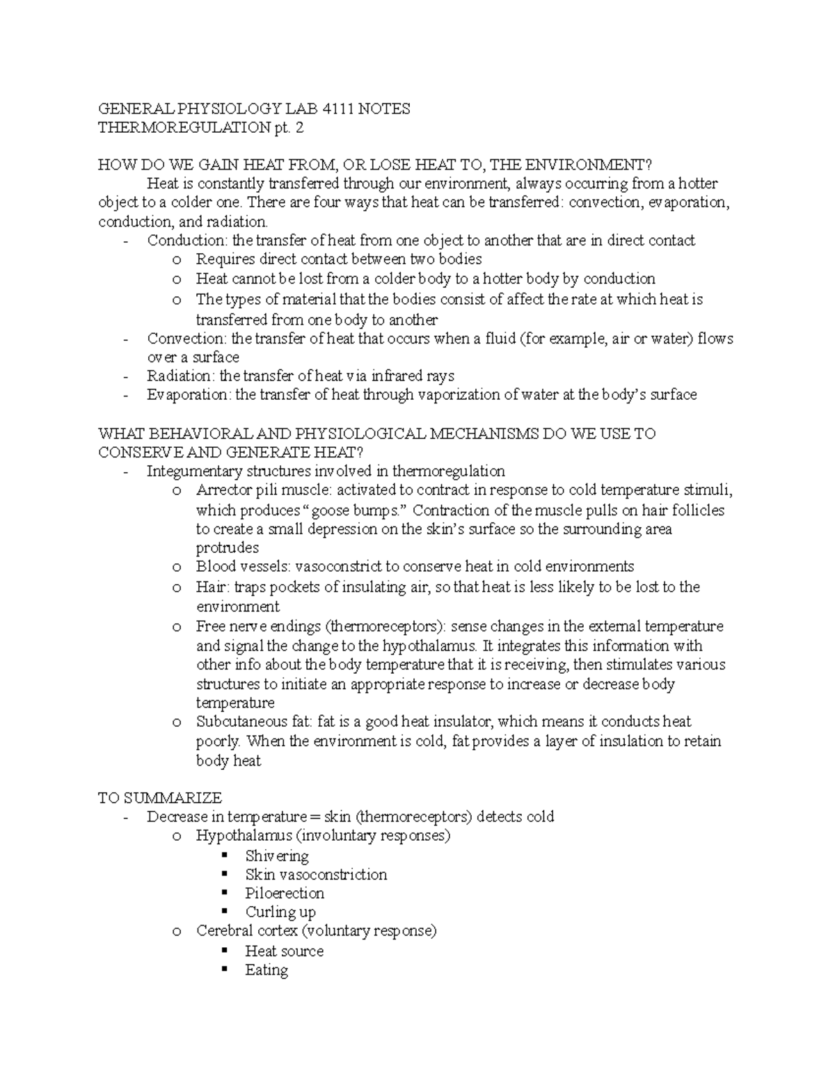 Thermoregulation pt. 2 GENERAL PHYSIOLOGY LAB 4111 NOTES