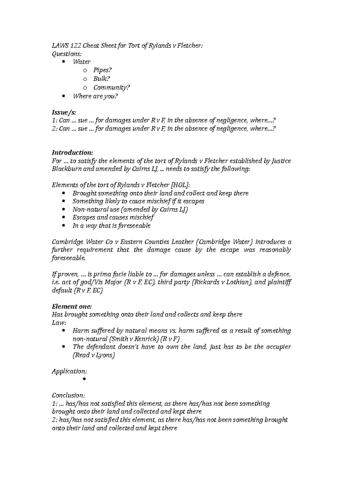 LAWS 122 Tort of Rv F Cheat Sheet - LAWS 122 Cheat Sheet for Tort of ...