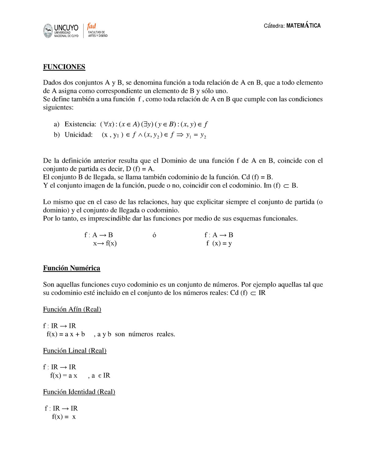 Teoria Funciones - FUNCIONES Dados Dos Conjuntos A Y B, Se Denomina ...