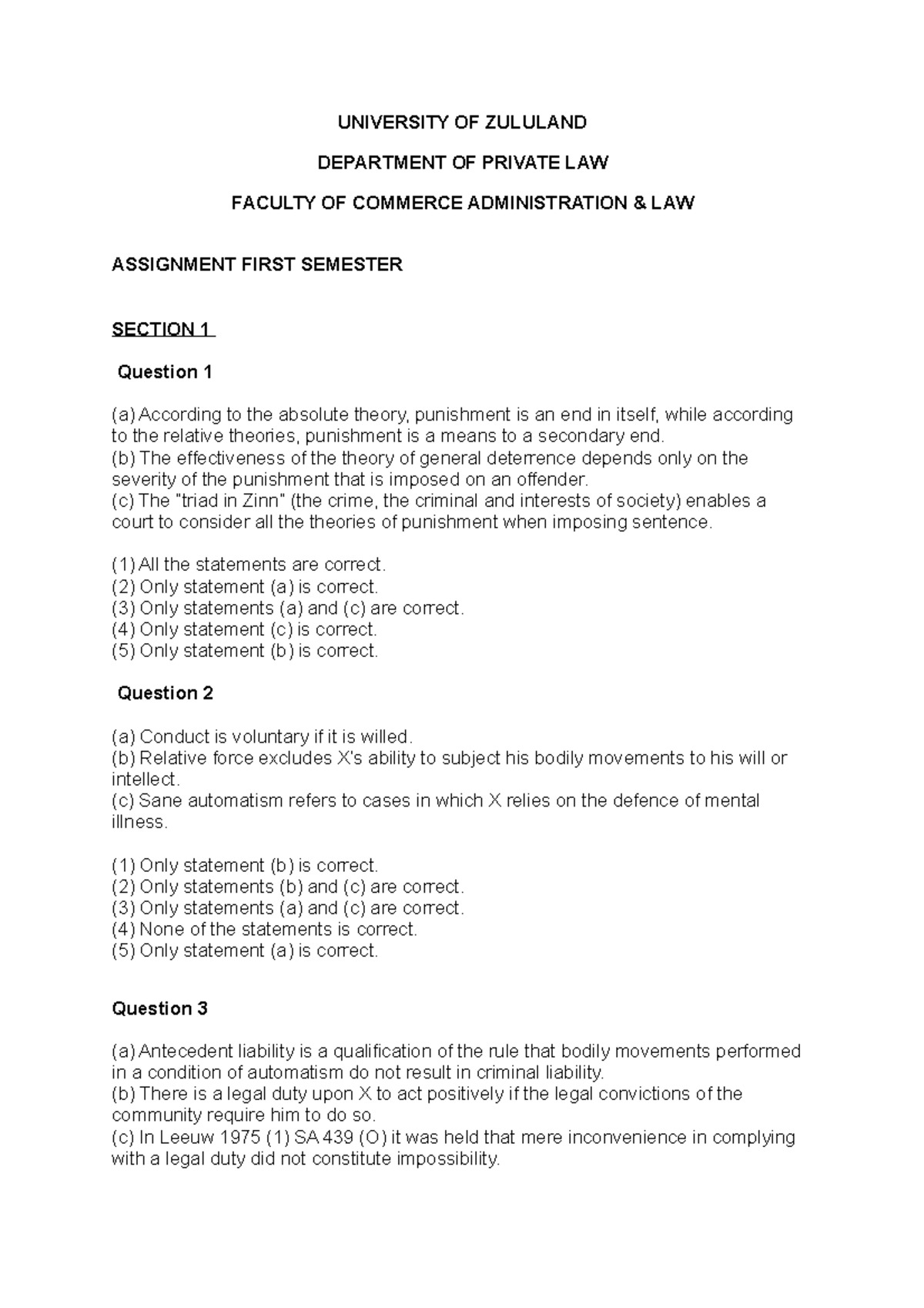 2020 Assignment - UNIVERSITY OF ZULULAND DEPARTMENT OF PRIVATE LAW ...