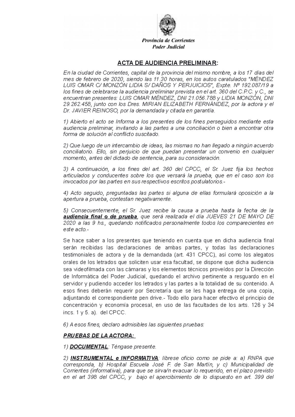 7.4 Acta De Audiencia Preliminar - ACTA DE AUDIENCIA PRELIMINAR: En La ...