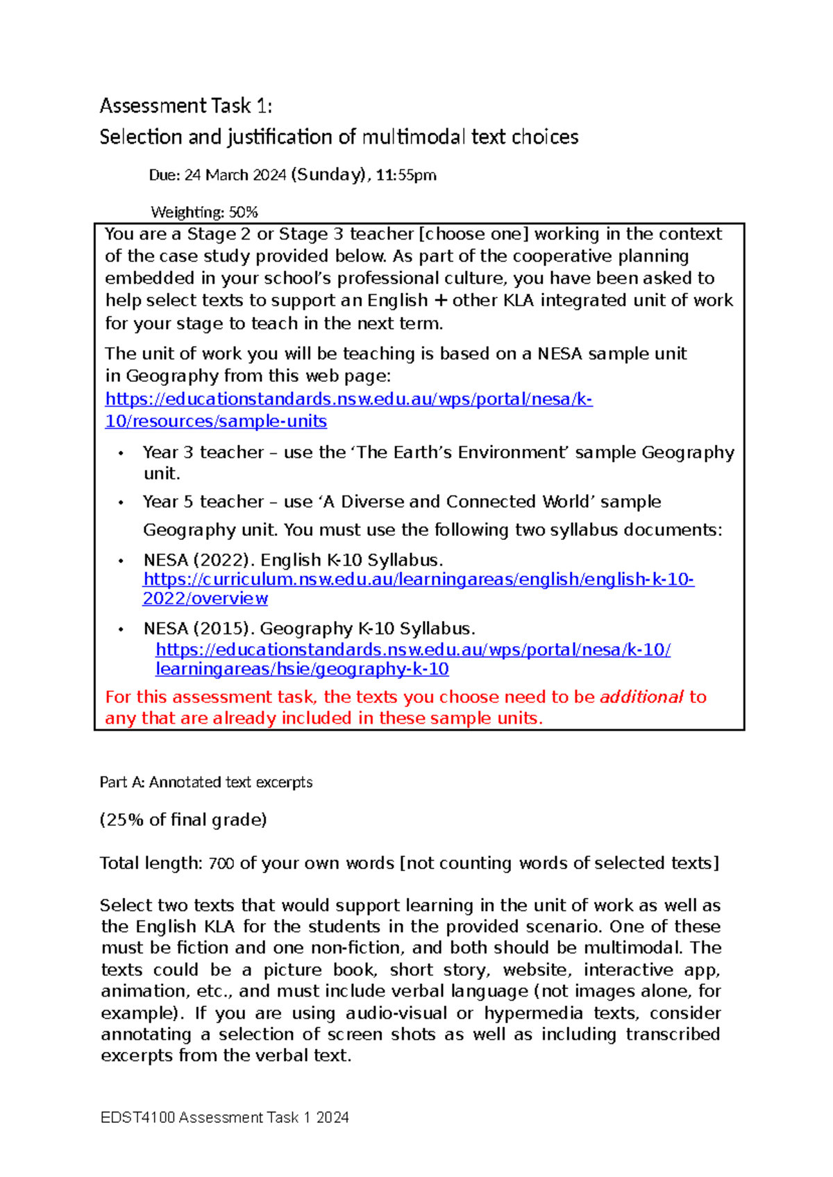 EDST4100 Task 1 instructions - Assessment Task 1: Selection and ...