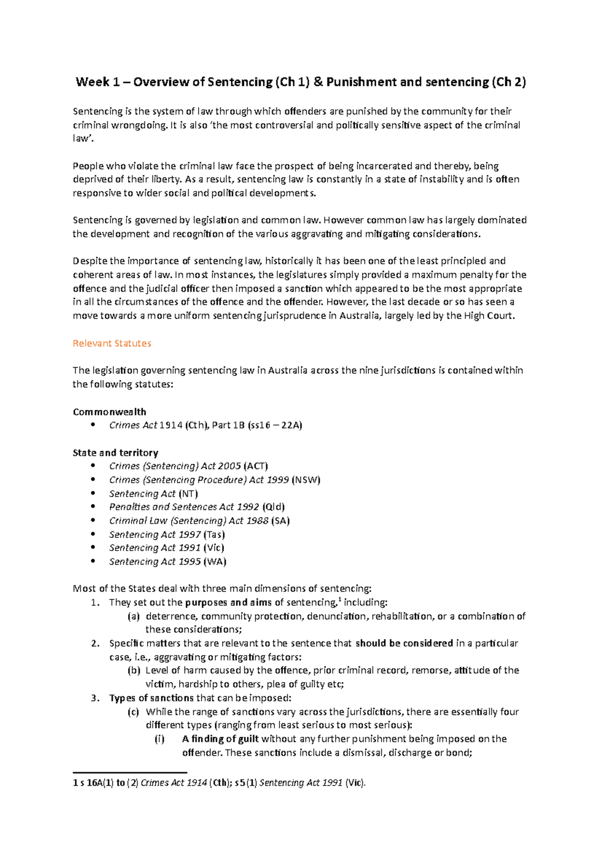 Week 1 - Topic notes - Week 1 – Overview of Sentencing (Ch 1 ...