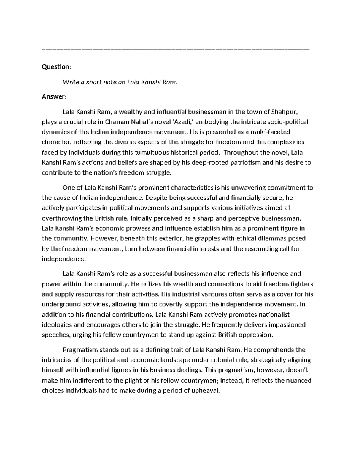 Write a short note on Lala Kanshi Ram Answer Lala Kanshi Ram, a