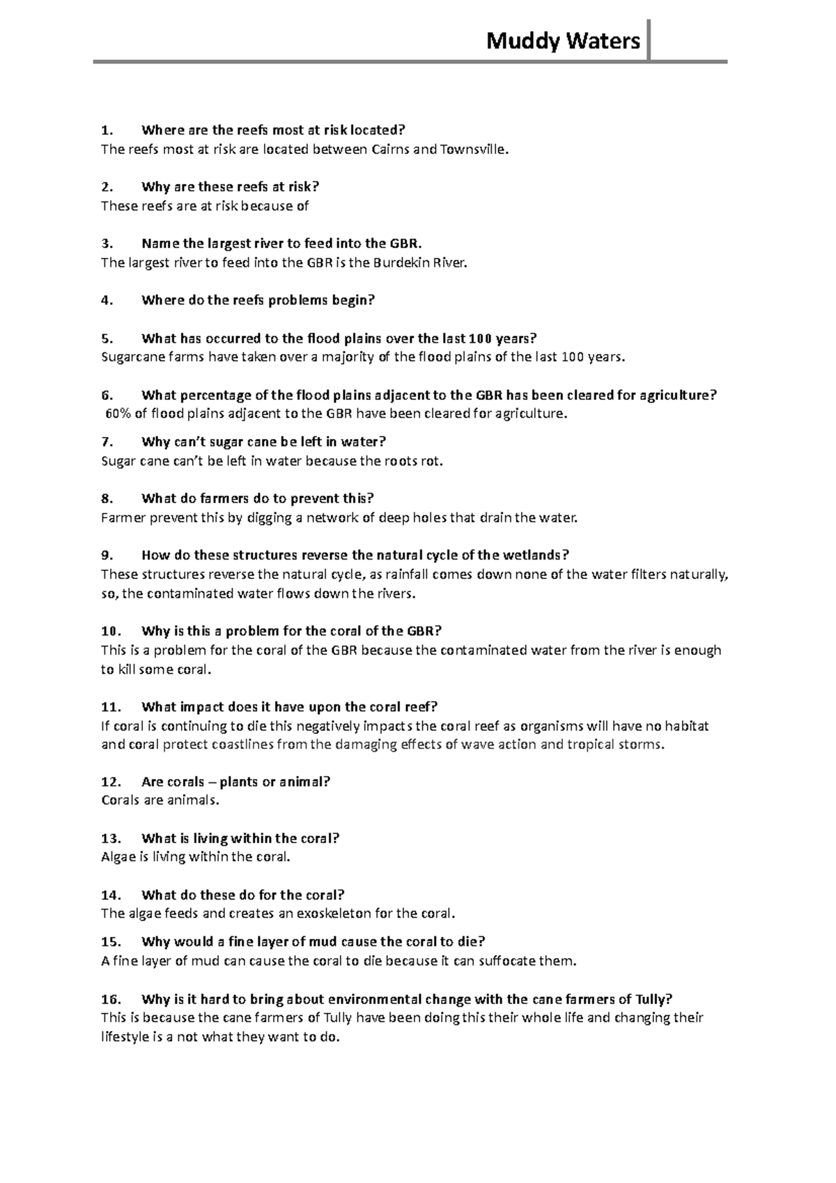 Muddy Waters Task - Biology task - Muddy Waters 1. Where are the reefs ...