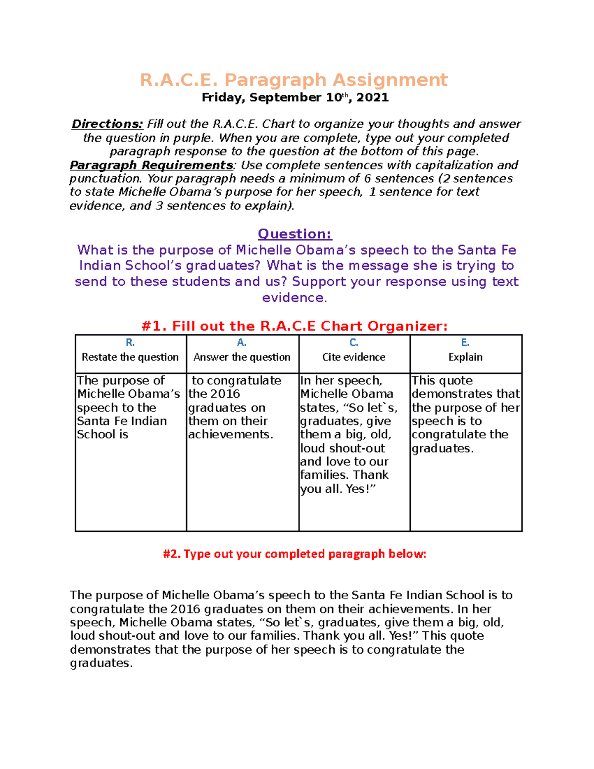 RACE paragraph directions - R.A.C. Paragraph Assignment Friday ...