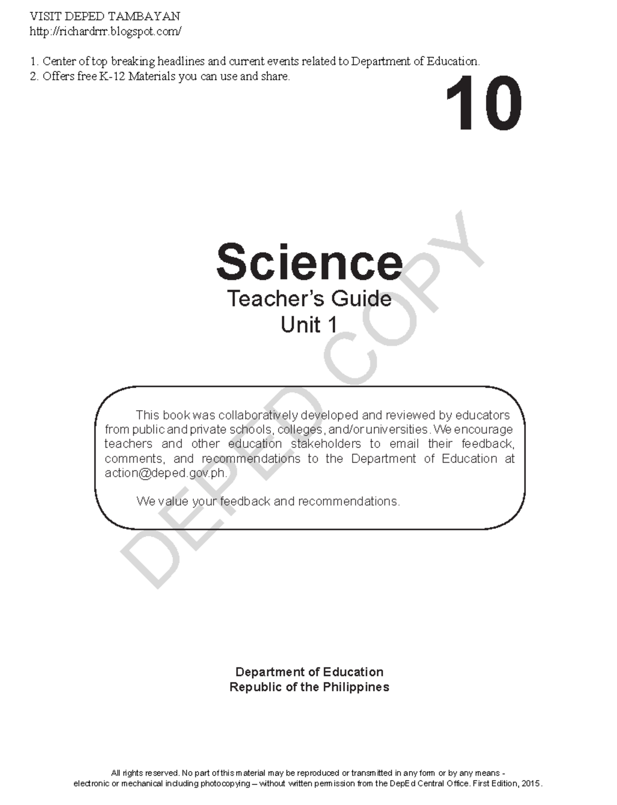 Teachers Guide for Grade 10 Science DEPED COPY 10 Science Department of Education Republic of