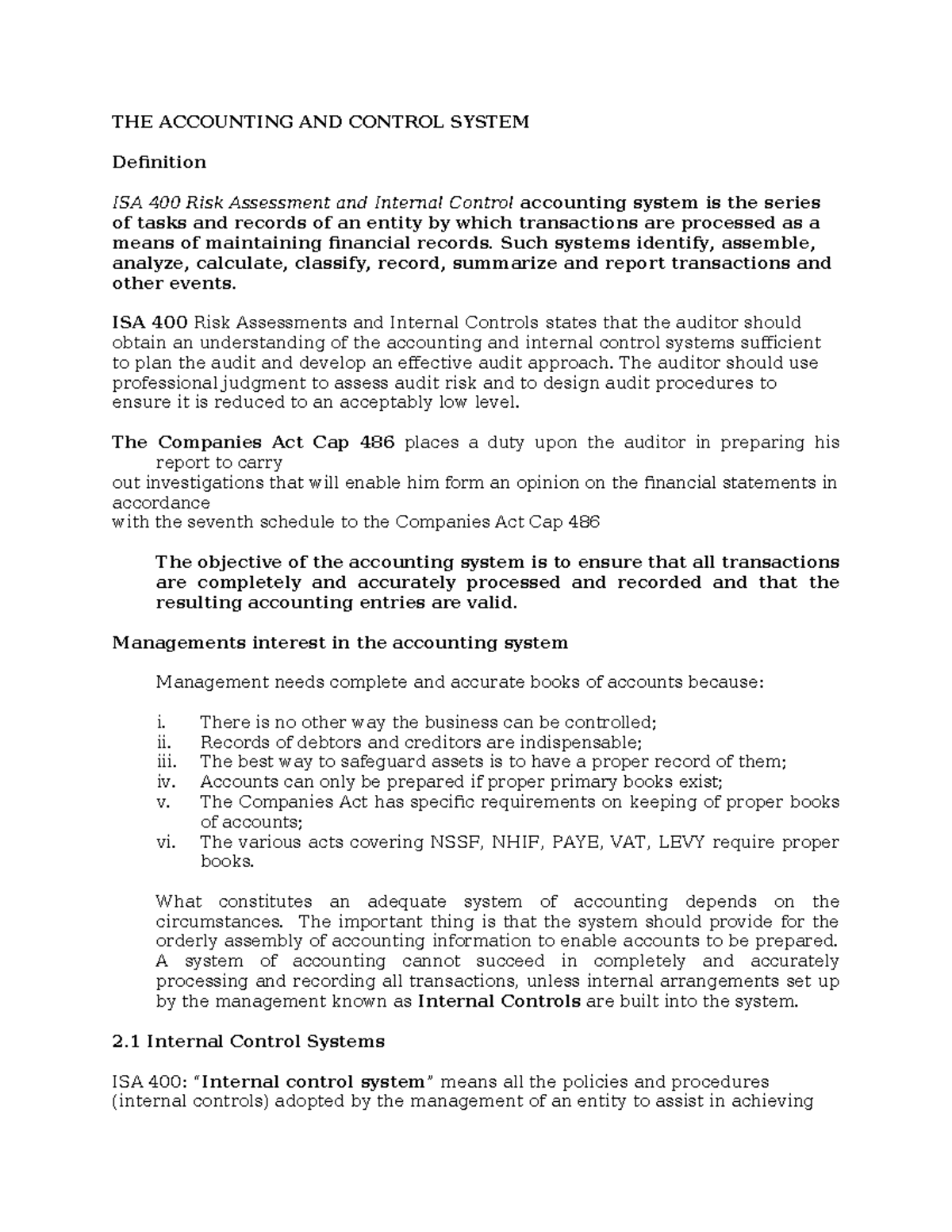 Lesson 3 Accounting THE ACCOUNTING AND CONTROL SYSTEM Definition