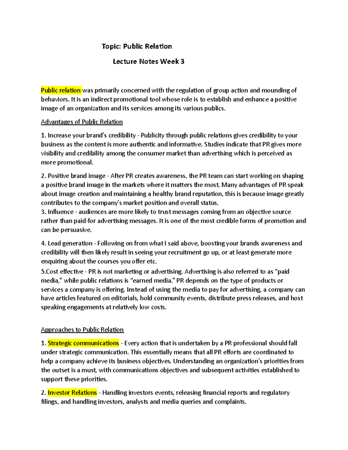 Public Relation 2 - Topic: Public Relation Lecture Notes Week 3 Public ...