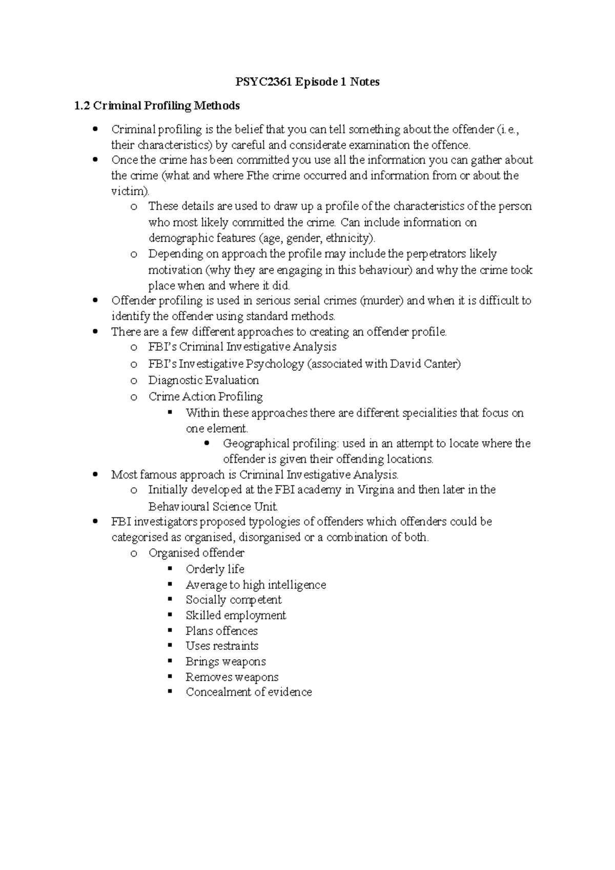 Episode 1 Notes - PSYC2361 Episode 1 Notes 1 Criminal Profiling Methods ...