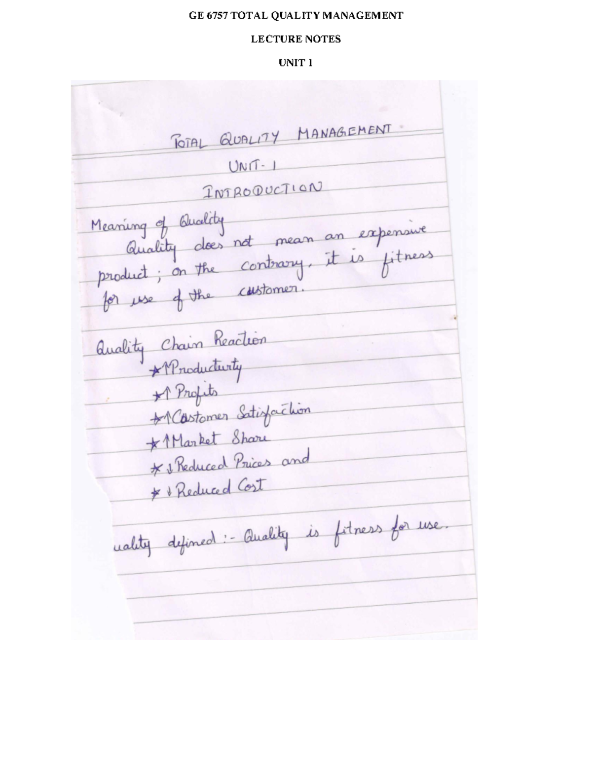 Total quality management - GE 6757 TOTAL QUALITY MANAGEMENT LECTURE ...