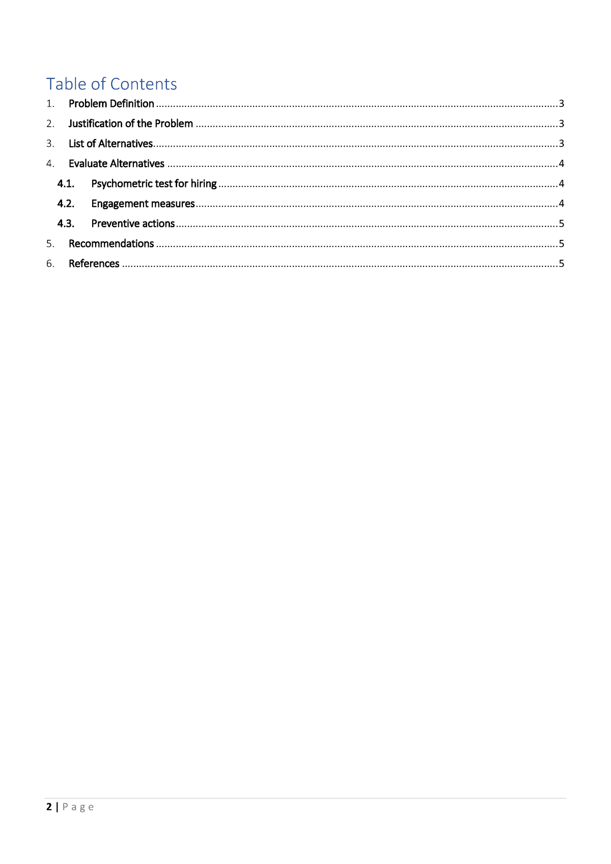 table of contents for case study