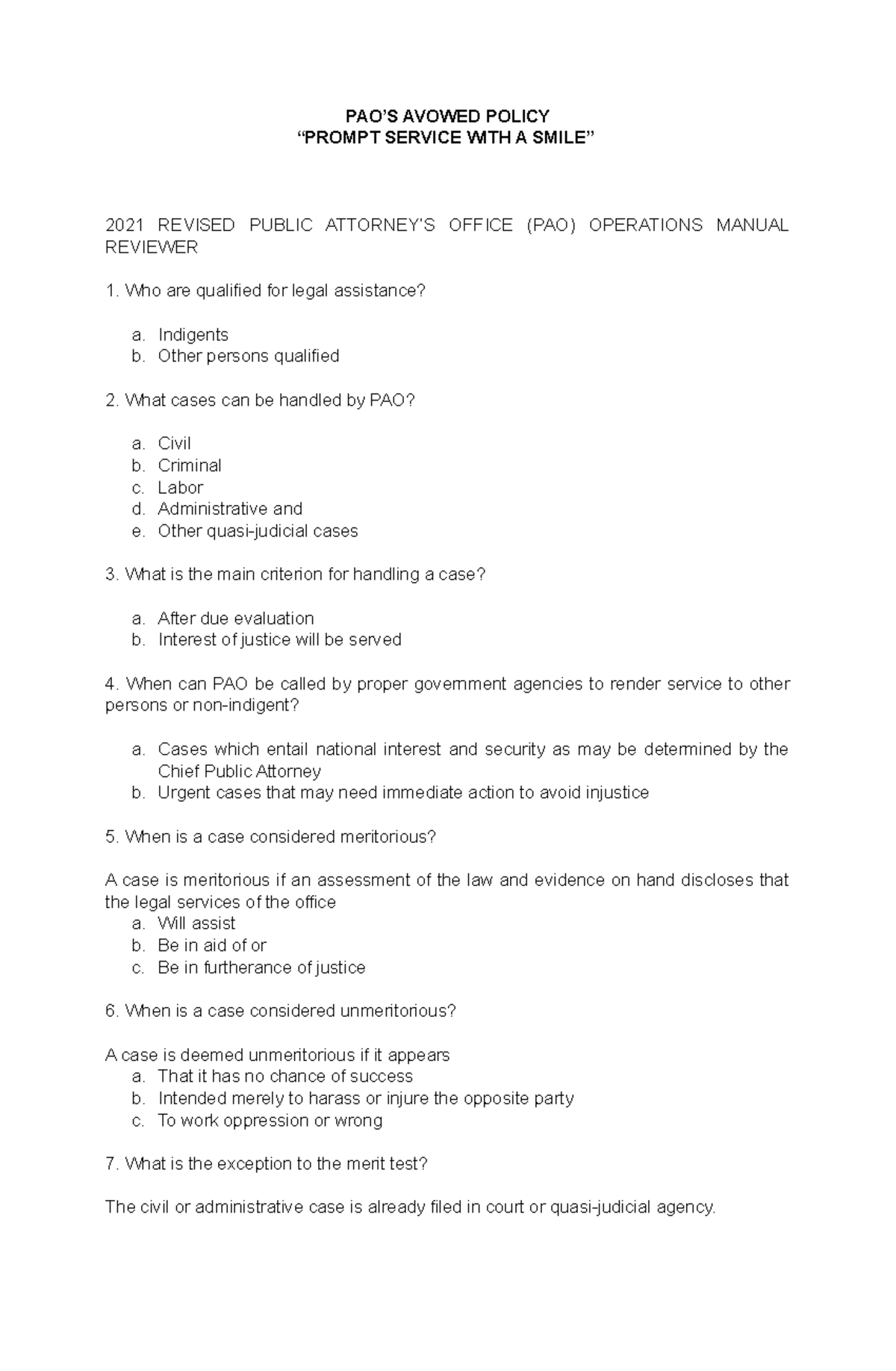 2021 Revised Public Attorney PAO’S AVOWED POLICY “PROMPT SERVICE WITH