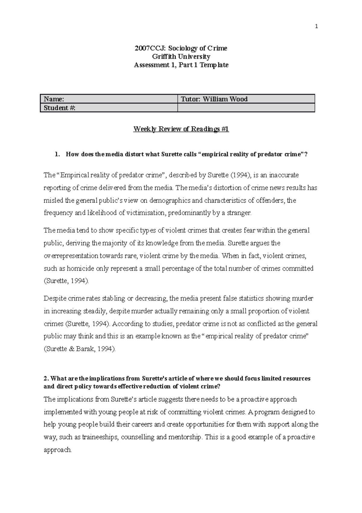 Assessment 1, Part 1 Template - 2007CCJ: Sociology of Crime Griffith ...