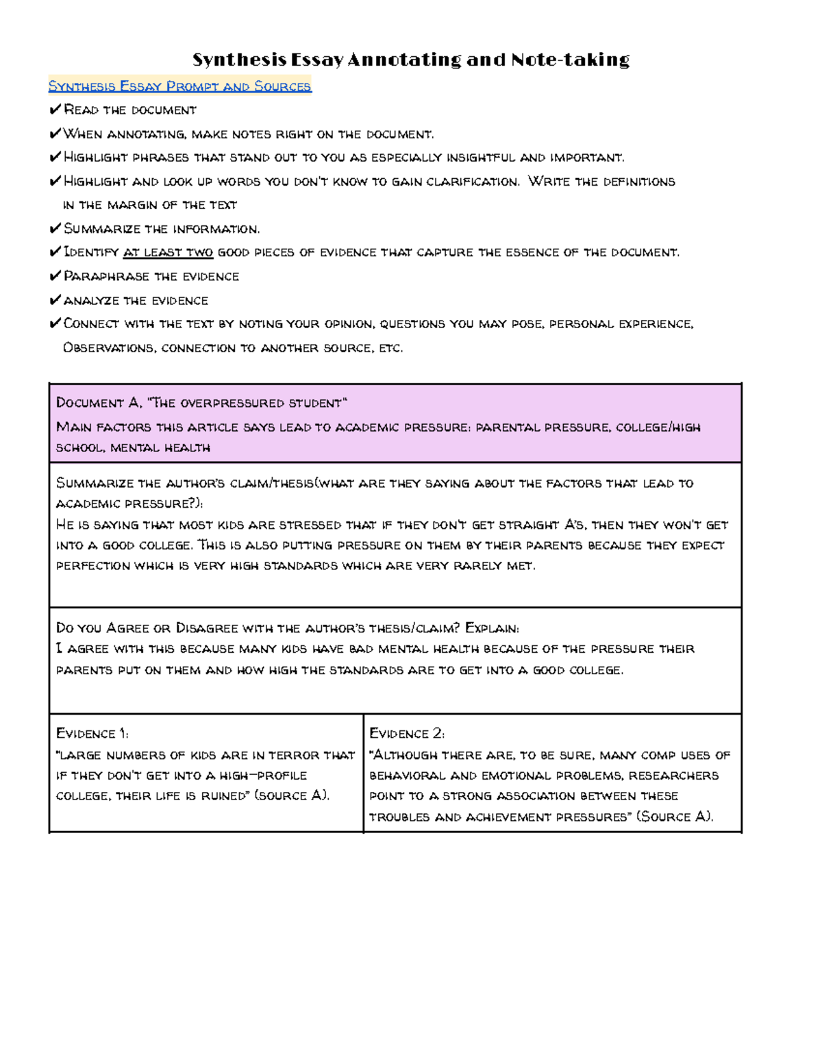 Copy of Copy of Academic Pressure Essay Prep # 2: Annotating and ...