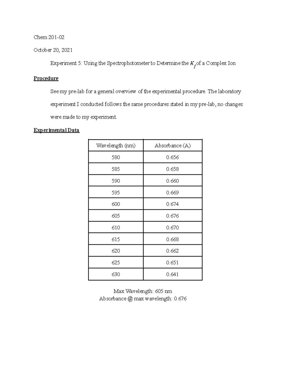 Chem 201 Experiment 5 Using the Spectrophotometer to Determine the Kf