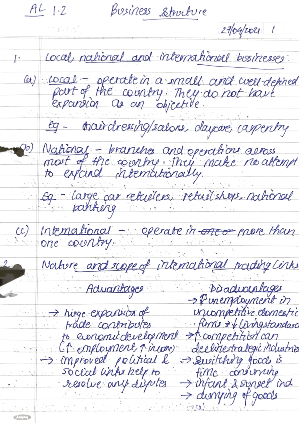 AL Business - Unit 1 - AL 1 Business Structure 1. Local, national and ...