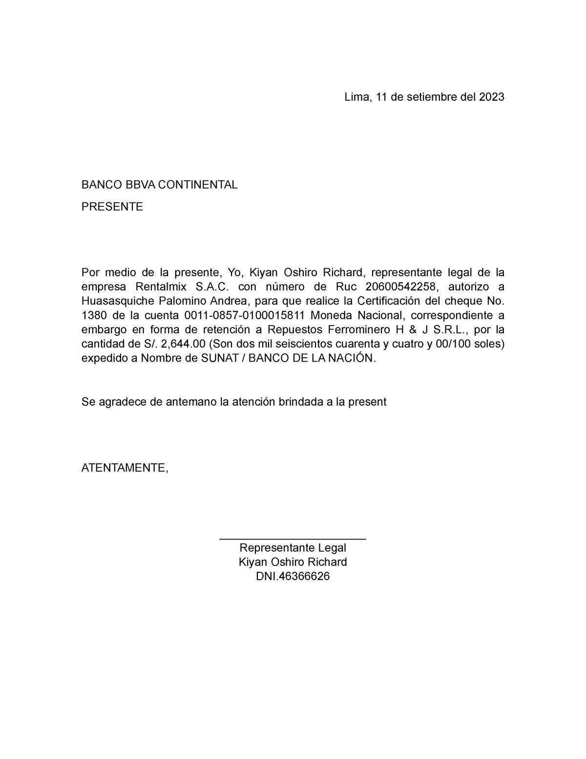 Carta Certificacion Cheque Lima 11 De Setiembre Del 2023 Banco Bbva Continental Presente Por 8615