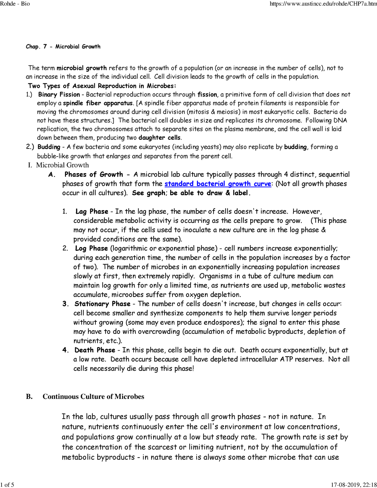 Ch7 Microbial Growth - Lecture Notes 2 - Chap. 7 - Microbial Growth The ...