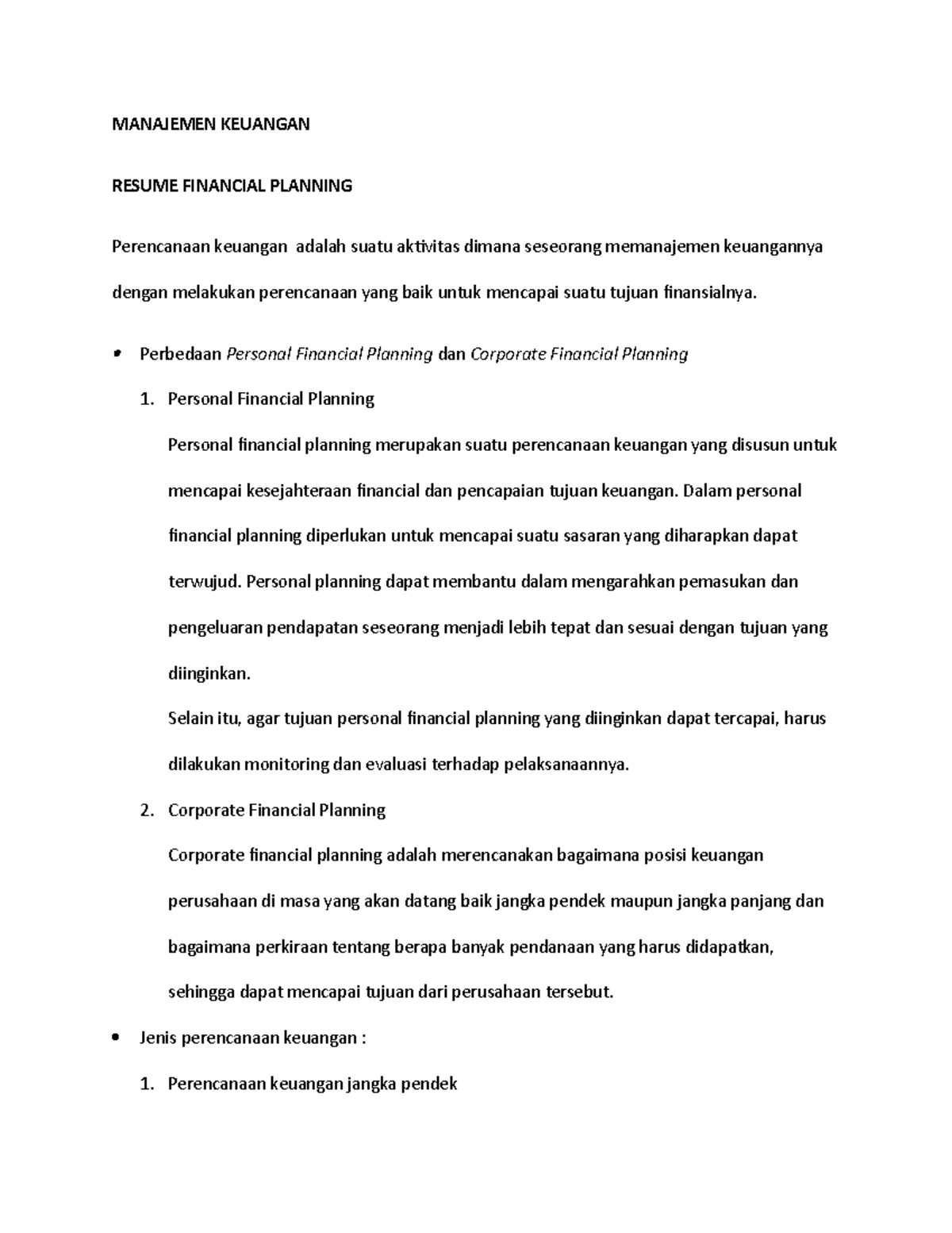 Financial Planning MANAJEMEN KEUANGAN RESUME FINANCIAL PLANNING
