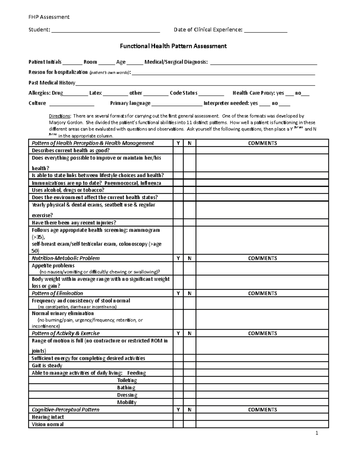 Functional Health Pattern Assessment - FHP Assessment Student