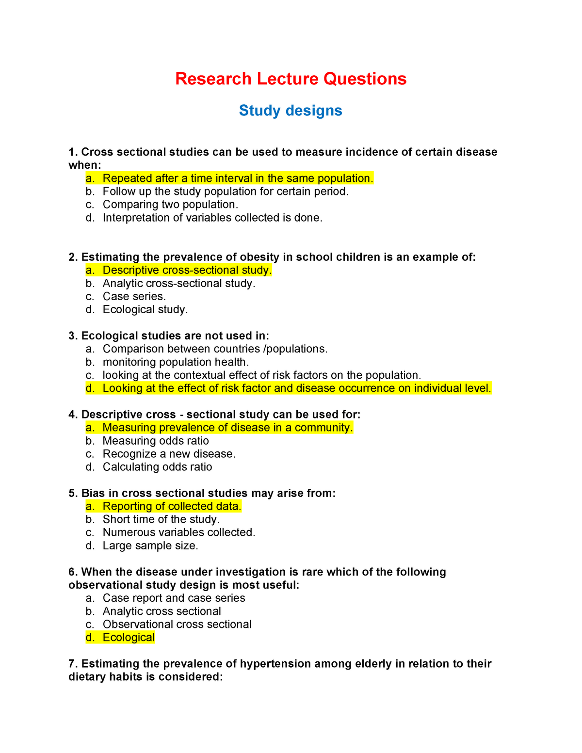 Research Questions Final Research Lecture Questions Study Designs 1 