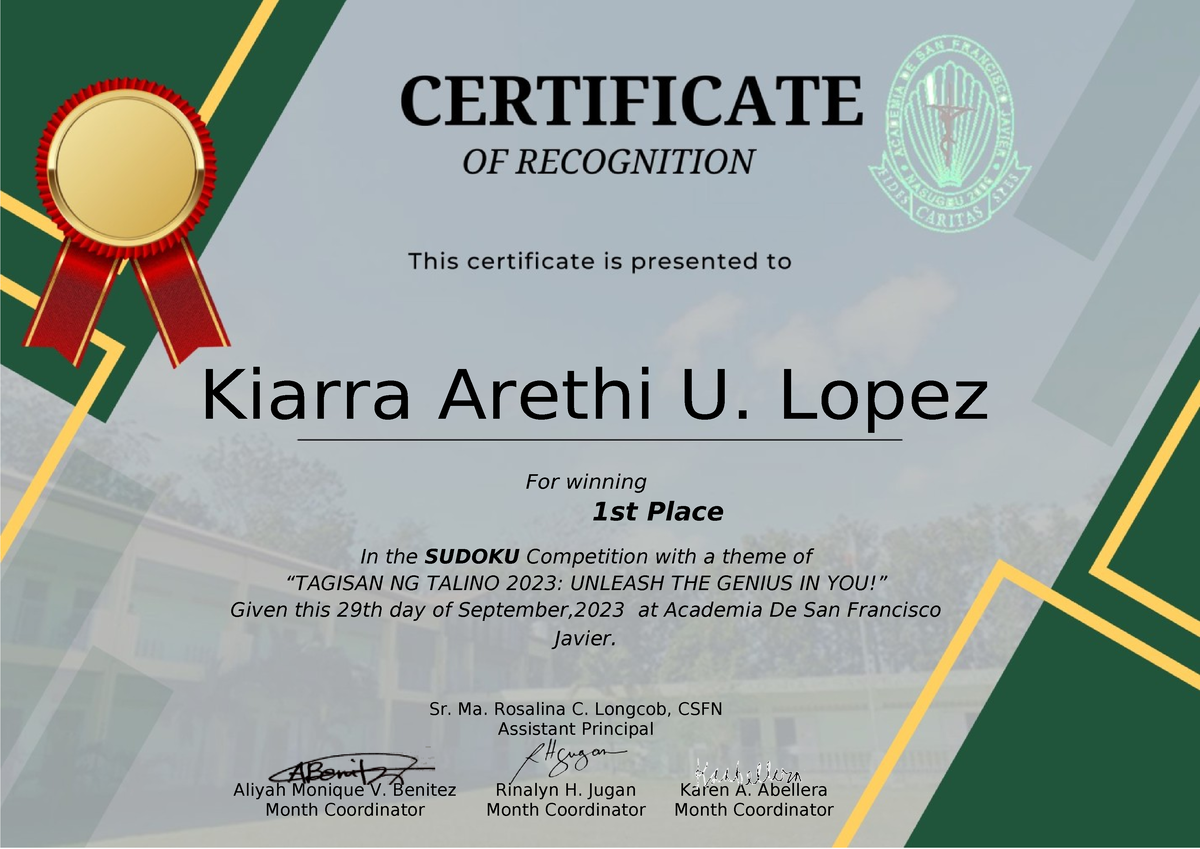 HIGH School Department QUIZ BEE - Kiarra Arethi U. Lopez For winning ...