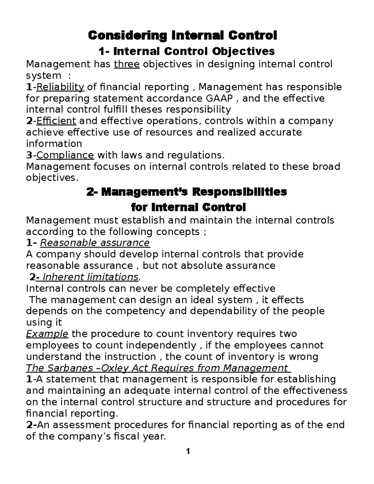 Intrenal control explain - Considering Internal Control 1- Internal ...