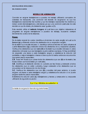 Modelo de asignación investigación de operaciones - INVESTIGACIÓN DE  OPERACIONES I ING. FRANCISCO - Studocu