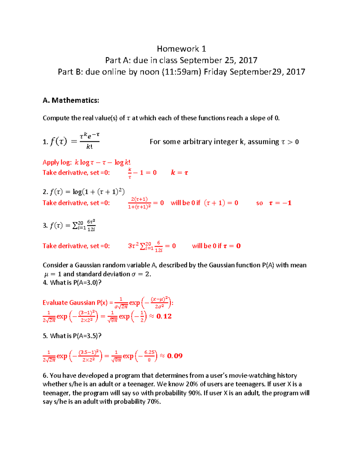 HW1 answers - Machine Learning - Homework 1 Part A: due in class ...