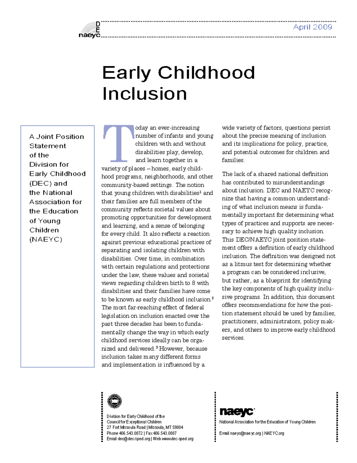 Ps inclusion dec naeyc ec - Early Childhood Inclusion Division for ...
