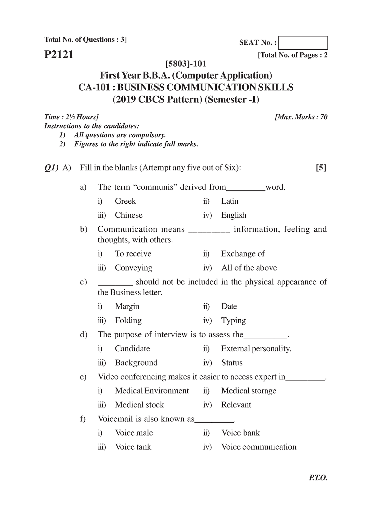 B.B.A. (C. A.) 2019 Pattern - Total No. Of Questions : 3] [5803 ...